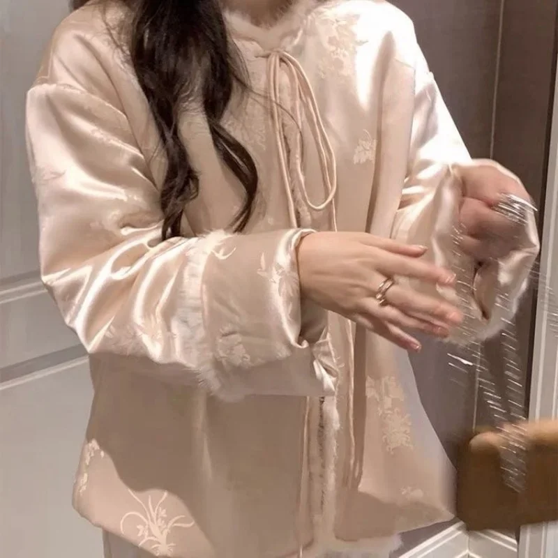 

Chinese Style Pink Jacquard Satin Jacket Women 2025 New Winter Warmful Cotton Female Cardigan Casual Womens Parkas