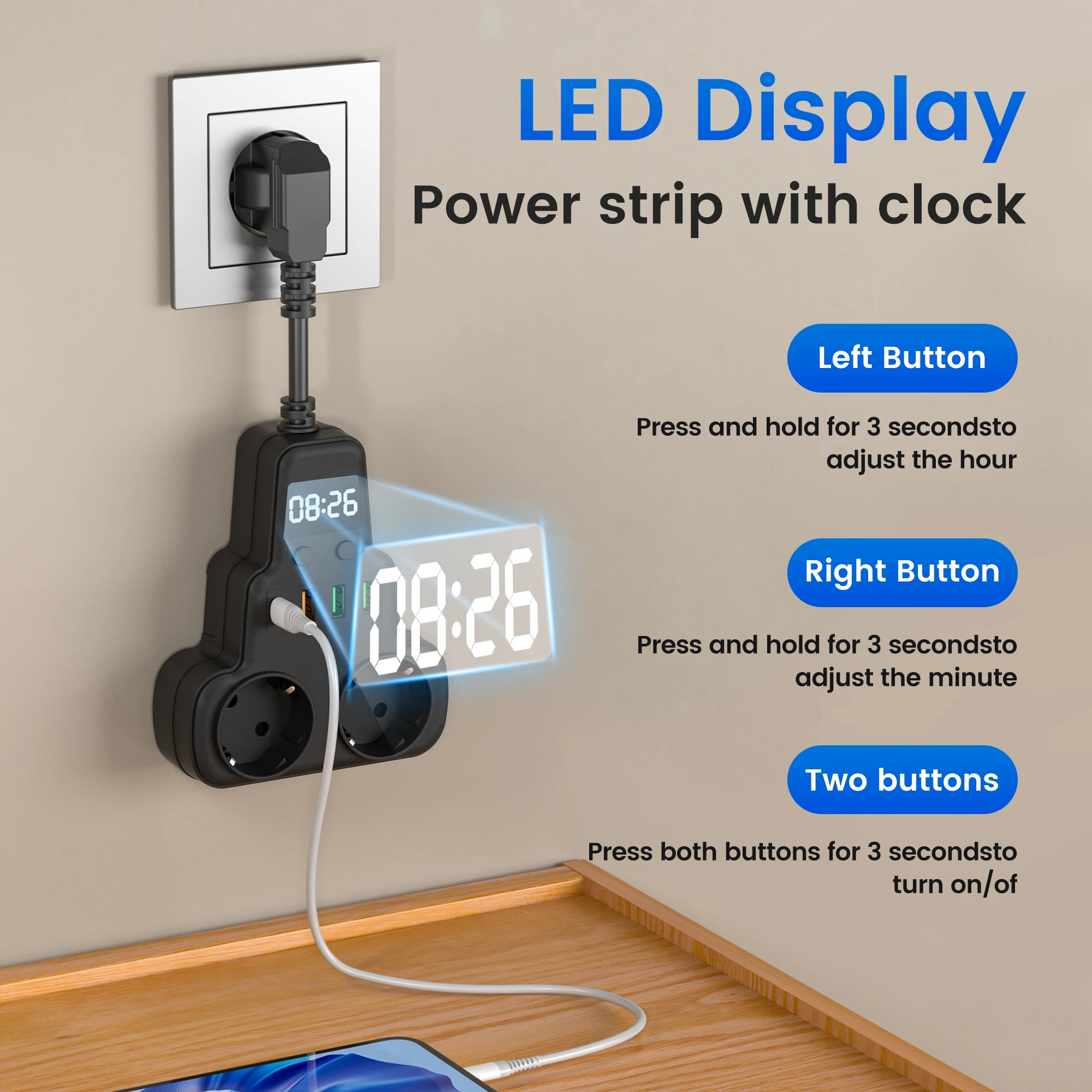 

EU Power Strip with 2 AC Outlets, 3 USB Ports, 1 Type-C, Overload Protection, Surge Protector for Home Office Travel