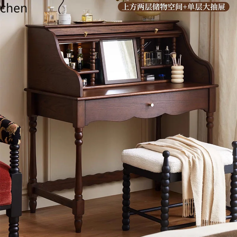 YFY Retro Roller Blind Dressing Table Vintage Style Solid Wood Makeup Table with Storage Integrated Accordion Dressing