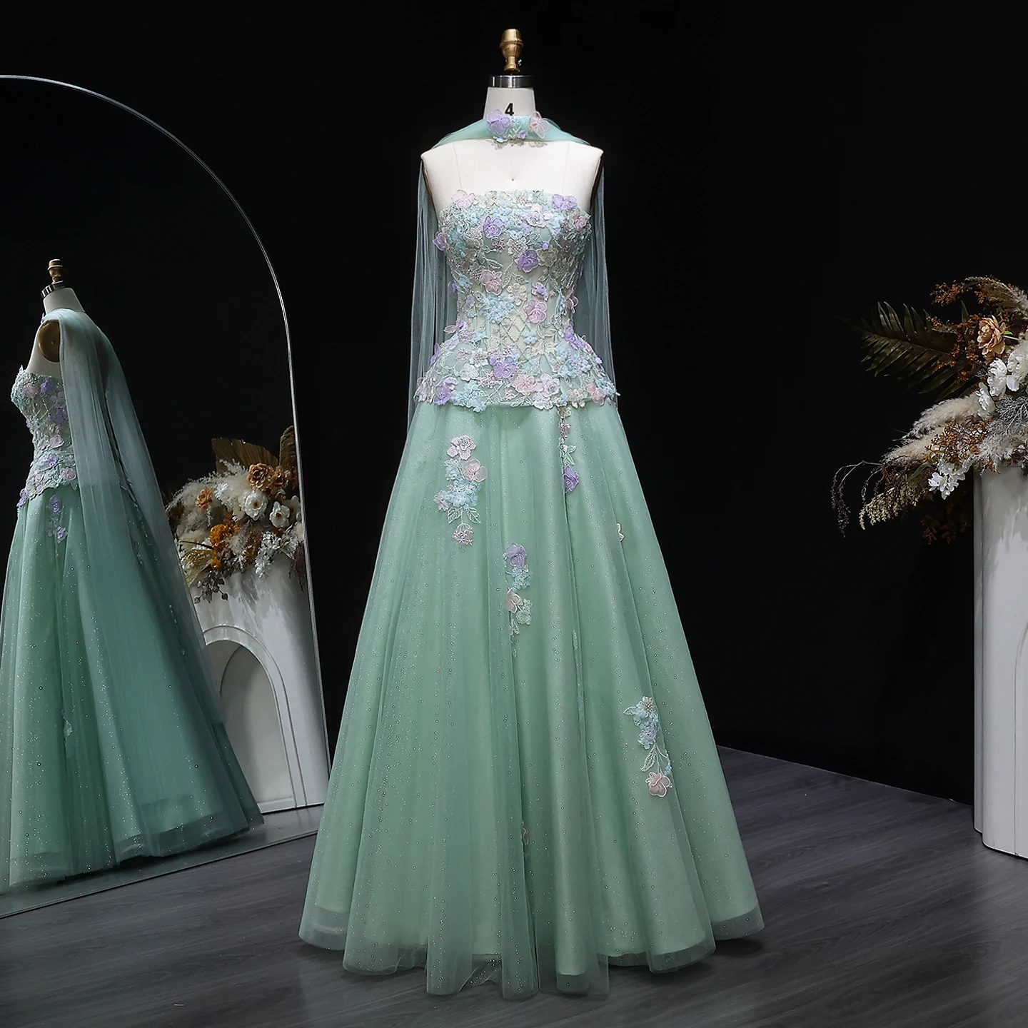 Sharon Said Dubai Elegantes Salbeigrünes Abendkleid mit Applikationen und Schal 2026 Damen Hochzeits-Formelles Partykleid SS755 Maßanfertigung – Detail 5