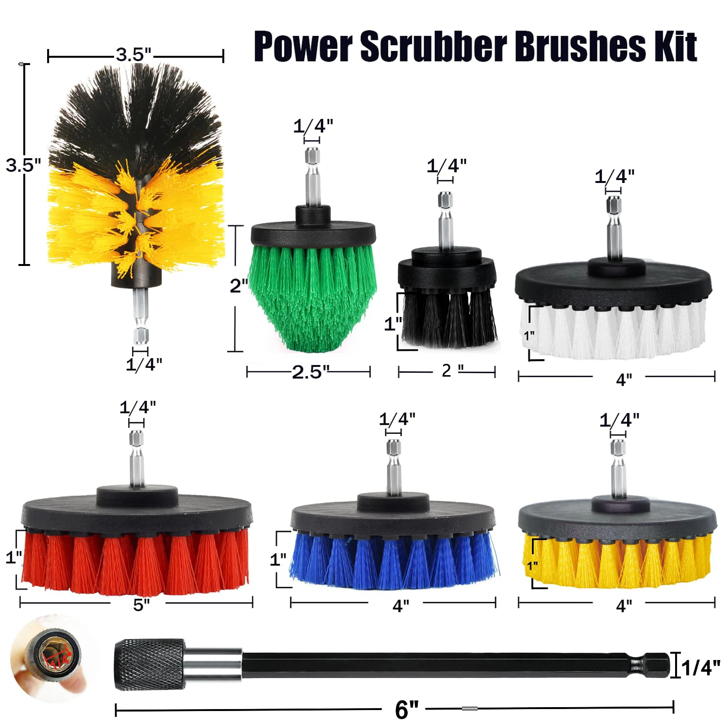 8 Pcs Drill Brush Attachment Set 7Pcs 1/4in Power Scrubber Brush + Extend Long Attachment Brush Drill Attachment Power Cleaning