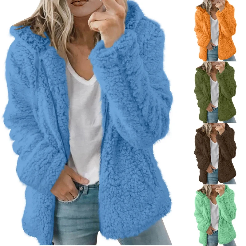 

New Zipper Hooded Woolen Coat Woman Solid Fleece Jackets Cashmere Long Sleeved Loose Coats Fashion Solid Color Cardigan Hooded