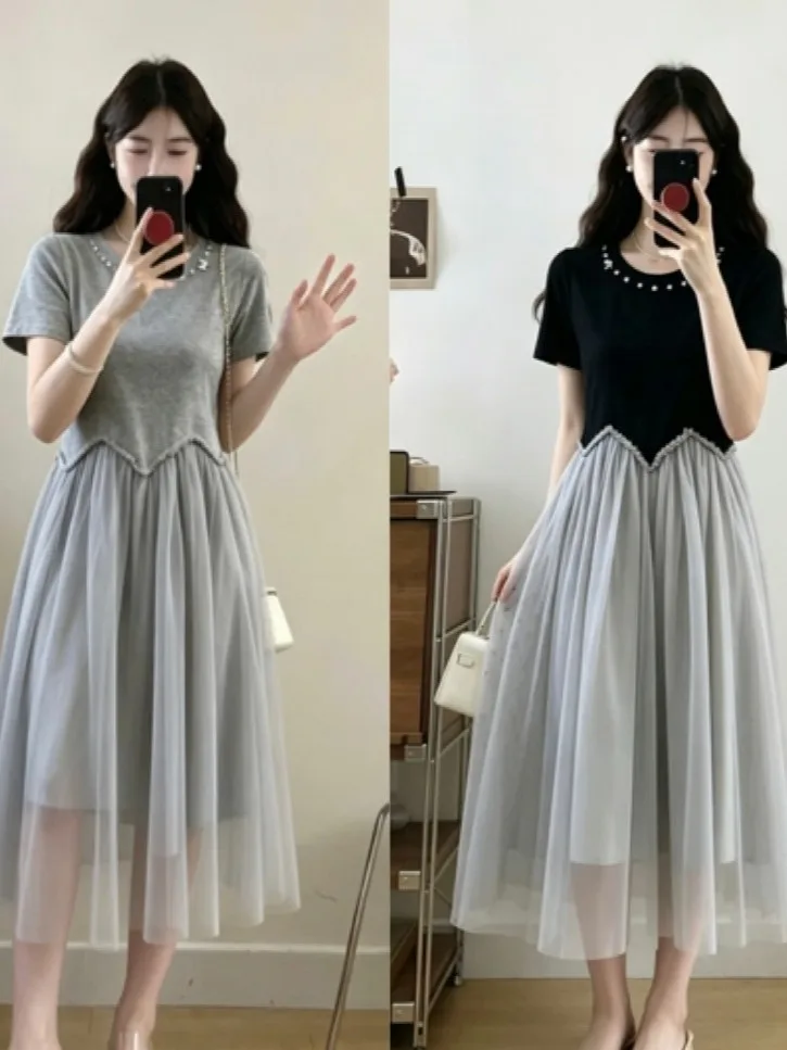 

Summer plus Size Knitted Dress Gentle Style Brick Embellished Mesh Splicing Waist Cinching Slimming Mid-Length Fairy Skirt
