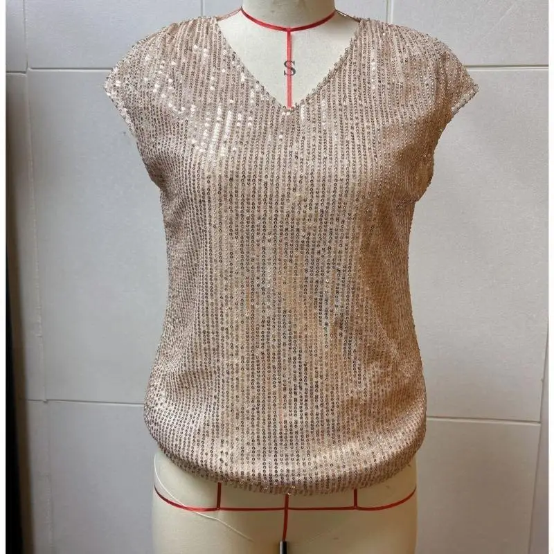

V Neck Shimmering Sequins Short Sleeve Top for Women Elastic Sparkling Top Cocktail Club Party Blouse T-Shirt 6XDA