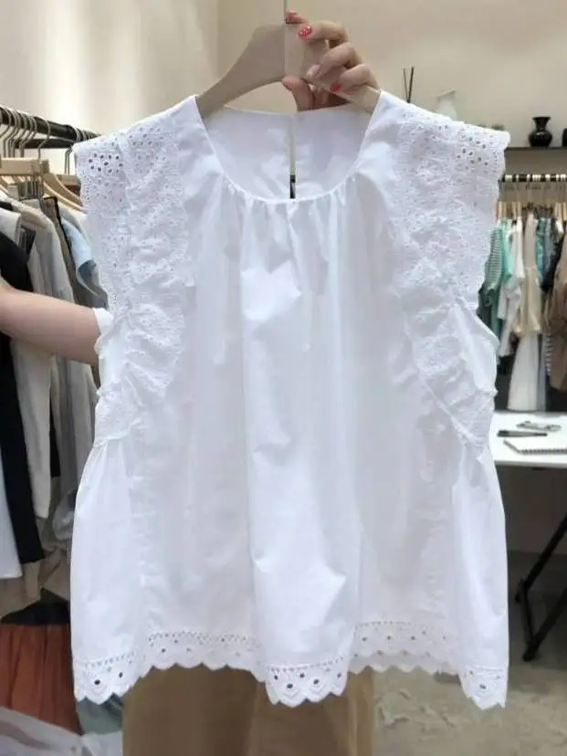 

Large Size Lace Hollow out Splice Svel irt Men's Summer New Sle Trendy Button round Ne Open Cardigan Spring Commu...