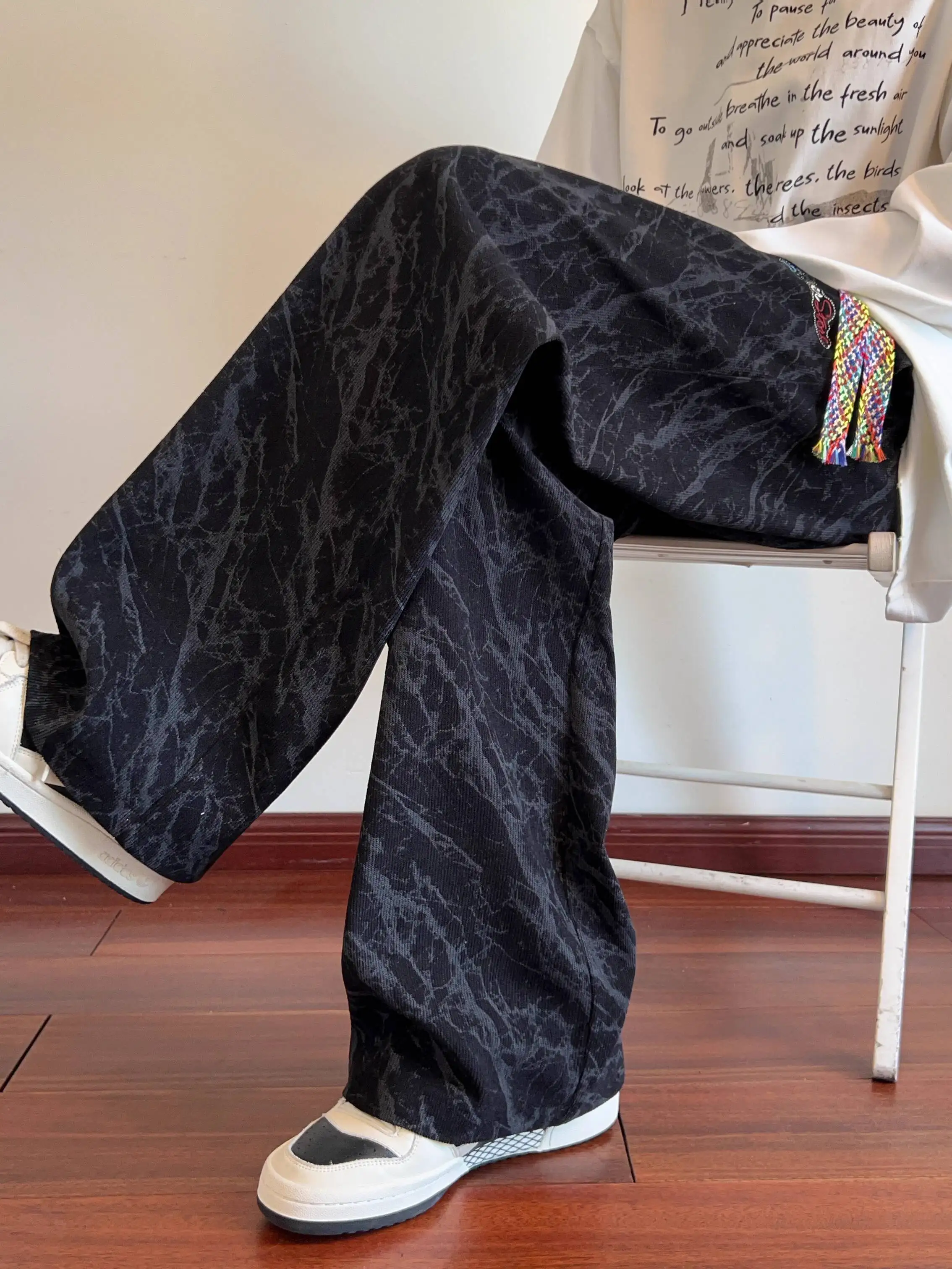 Black Tie Dye Embroidered Casual Pants For Men Casual Loose Straight Leg Trousers High Waist Pantts