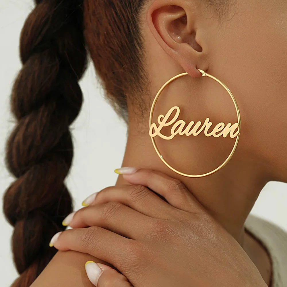 

Custom Name Perforation Earrings for Women A Pair Personalized 40mm - 70mm Big Hoops Earring Gold Stainless Steel Jewelry Gifts