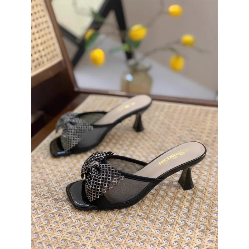 

2024 summer new mesh slippers with bow French stiletto heels sandals women shoes high heels