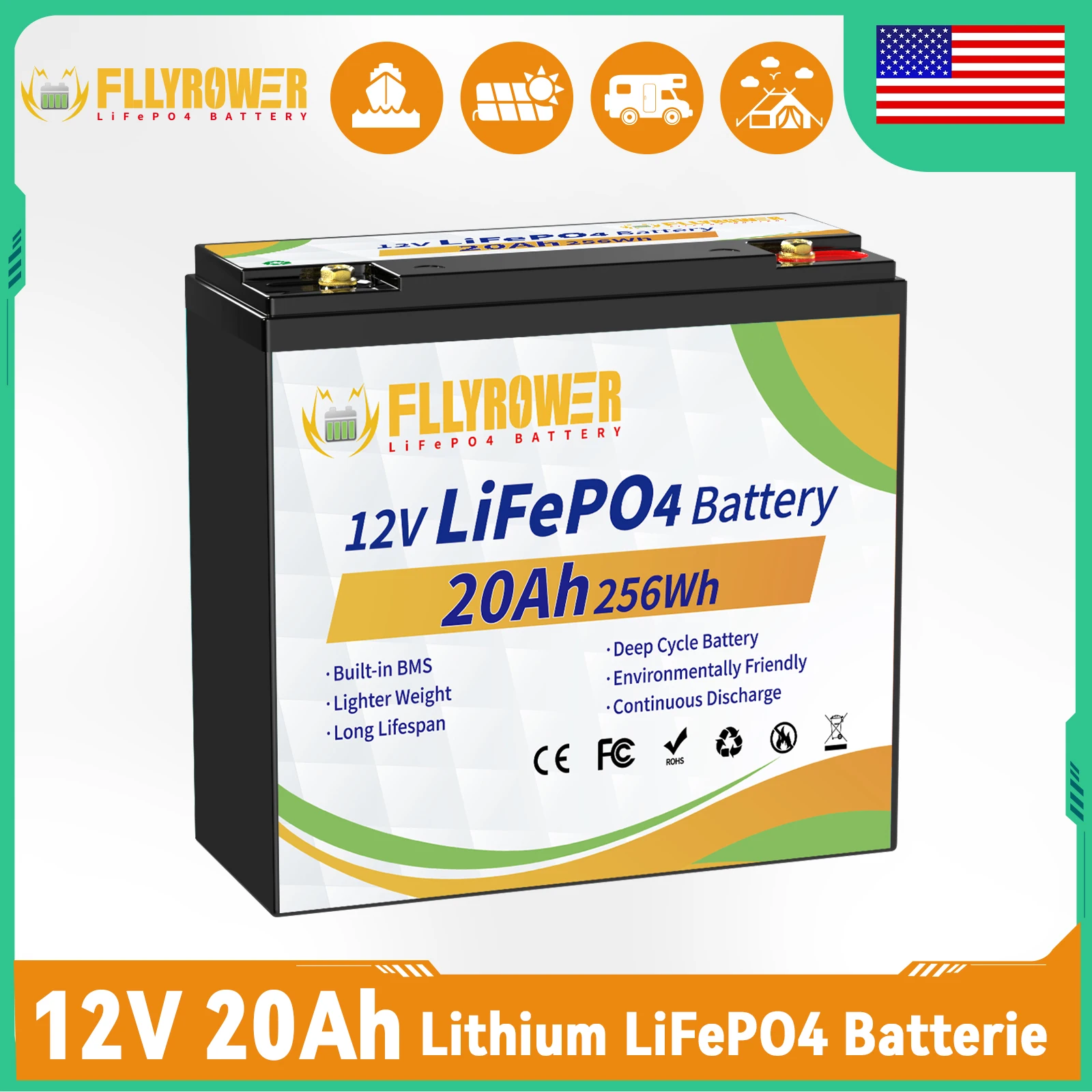 FLLYROWER 12V 20AH LiFePO4 Batteria Al Litio 4000 + Cicli Per Fish Finder Luce Per Bambini Auto di Campeggio UPS 12.8V Batteria Al Litio