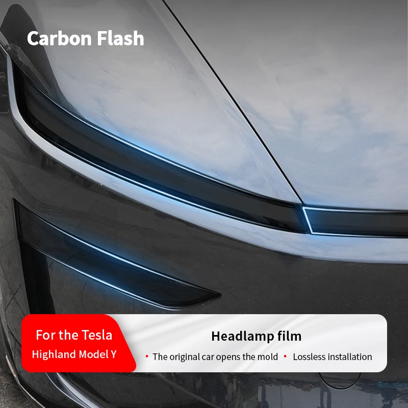 For Tesla 2025 Model Y Highland – Carbon Flash TPU Headlight Film, Smoked Black Transparent Protector
