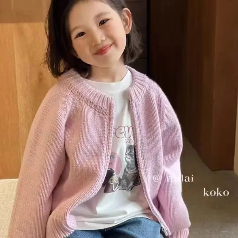 

Girls' Sweater Jacket Spring and Autumn Children's Knitted Sweater New Girl Pink Cardigan Coat