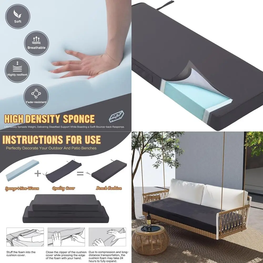 

4 водонепроницаемые подушки для уличной скамейки из пены с эффектом памяти с ручкой, 60x18 темно-серый