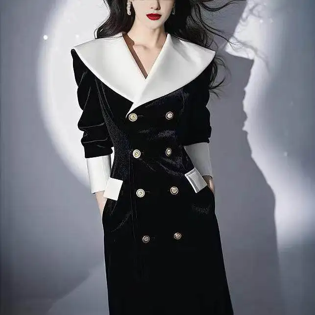 

2026 New Sle Long Bla Velvet Skirt Hepburn Sle Formal Ocn Light French Sle Svel Autumn Season Men's Suit