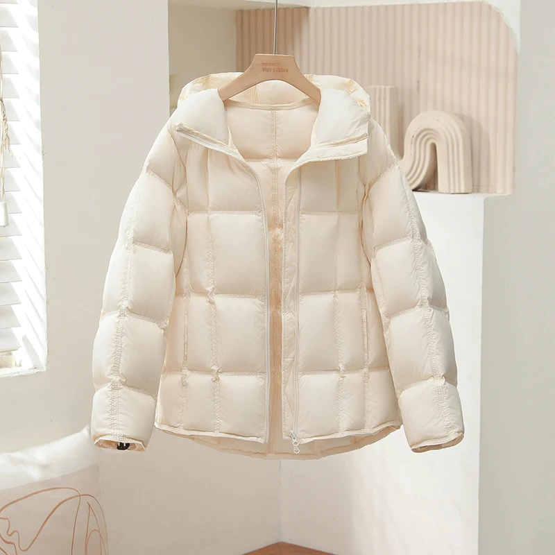 レディース新作フード付きホワイトダックダウンジャケット2025冬韓国版ゆったりショート厚手パフダウンコート女性無地カジュアルコート