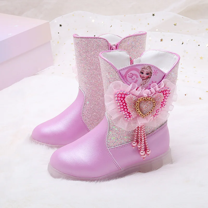 

Kids Autumn Winter Side Zipper Leather Boots Girls Lace Polka Dot Bow Boots Girls Fashion Front Lacing Mid-Leg Boots Solid Color