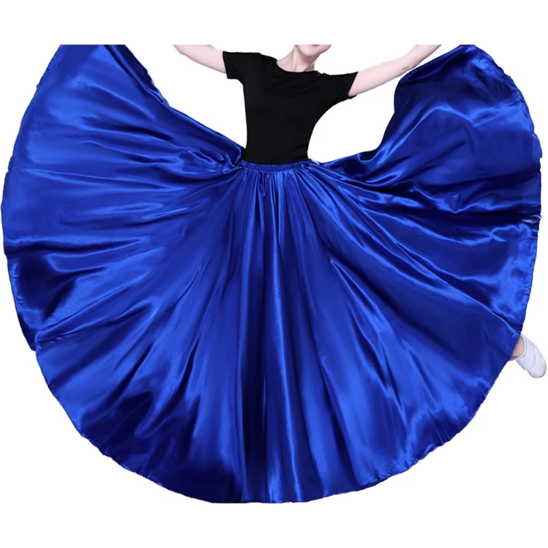 

Women Shining Satin Long Spanish Skirt Big Swing Dancing Skirt Belly Dance Sun Skirt 17 Colors Vestido Stage Performance Costume