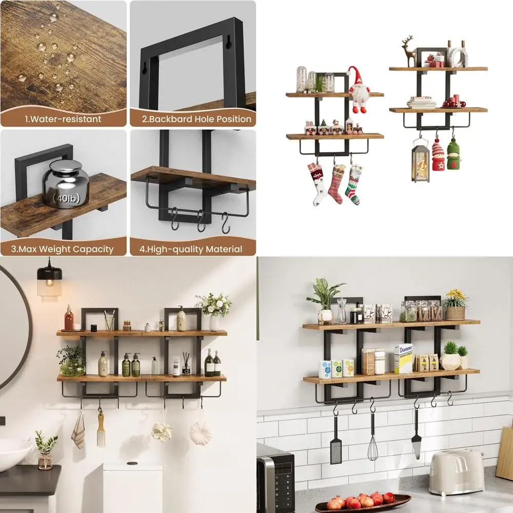 

Rustic 2-Tier Wooden Wall Shelves with 6 Hooks, Perfect for Home & Office Storage and Display