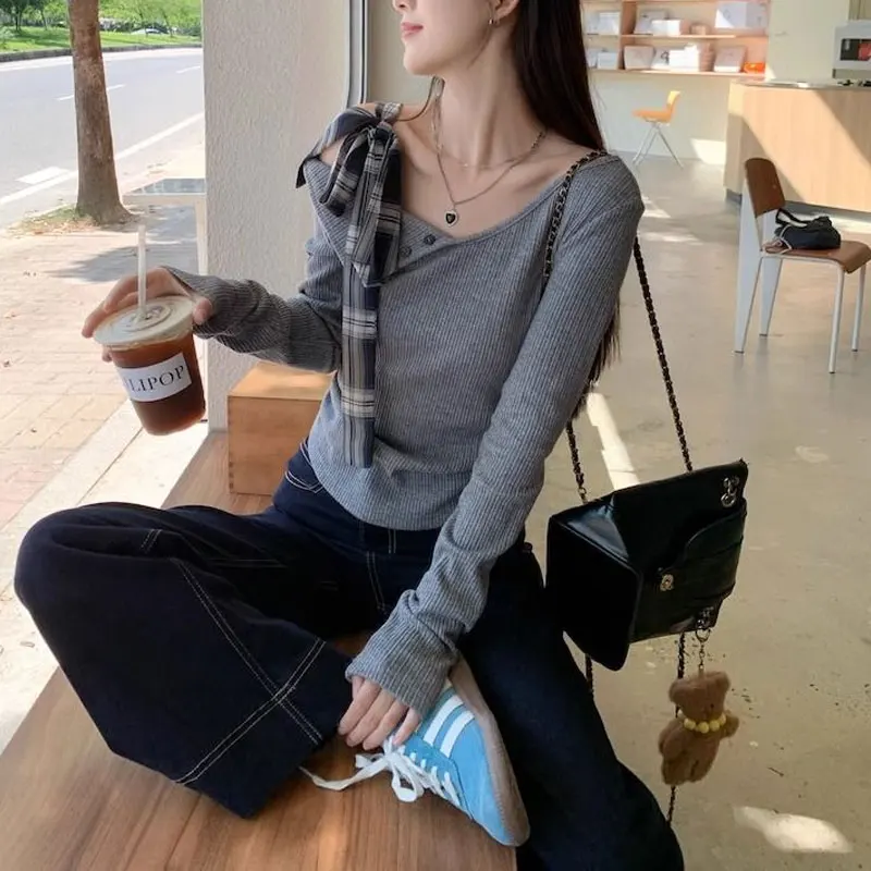 Grey Irregular Bow Pullovers Autumn Stylish Off Shoulder Drawstring Women's Clothing Aura Skew Collar Slim Long Sleeve T-shirt