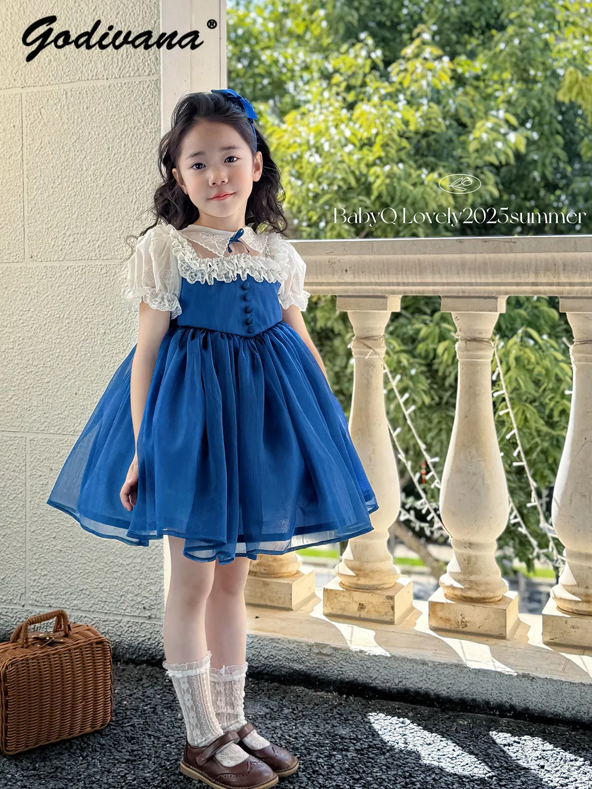 Sweet Baby Girls 2026 New Summer Princess Dress Cute Kids Puff Sleeve Lace Trim Bow High Waist Breathable Soft Casual Tutu Dress
