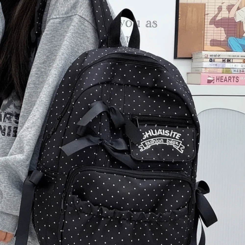 Nylon Polka Dot Bow Backpack Multi-Compartment Large Capacity Daypack Zipper Closure Polyester Lining Travel Backpack