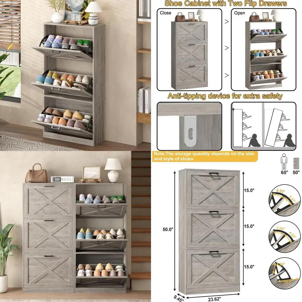 

HOMEFORT Шкаф для хранения обуви для прихожей, 24 тонких органайзера для обуви с 3 откидными ящиками, узкая полка для обуви, Hidde Farmhouse