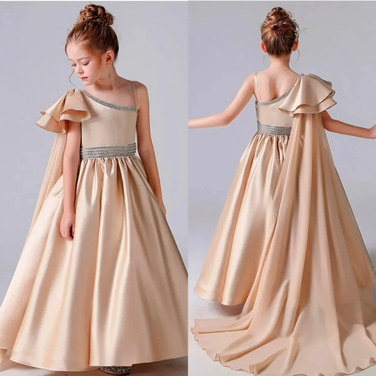

Gorgeous Grand Champagne Satin Flower Girl Dress Shawl Fluffy For Little Princess Wedding Birthday Party Evening Ball Gowns