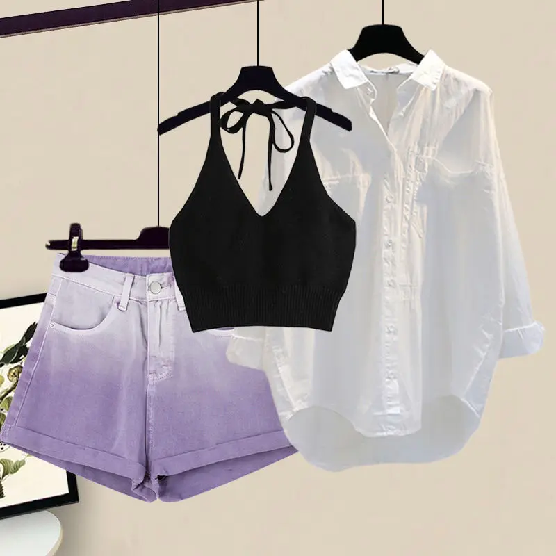 Camisa coreana com protetor solar e shorts jeans femininos, blusa fina, conjunto de 2 peças, vilões, conjuntos de saias, moda verão, novo, 2023