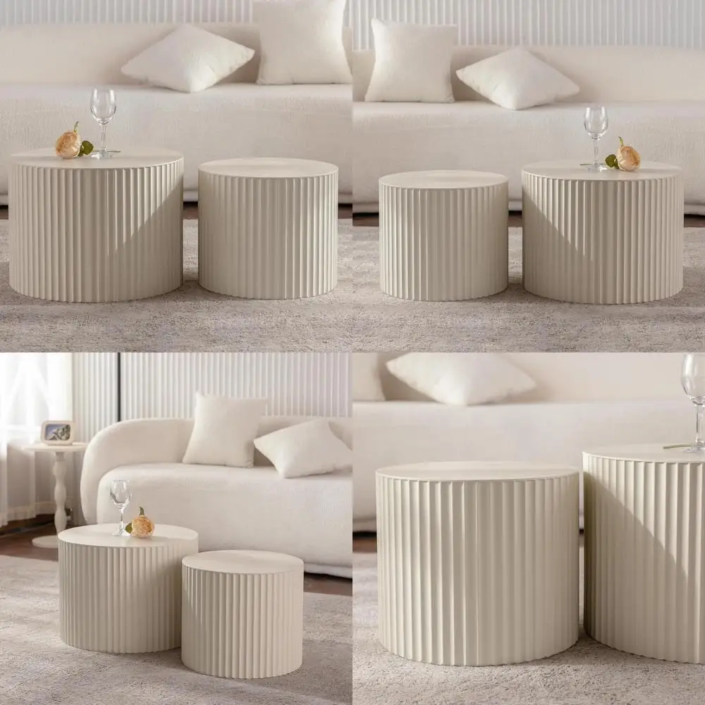 

Modern Round Fluted Wooden Nesting Coffee Tables Set of 2 for Living Room
