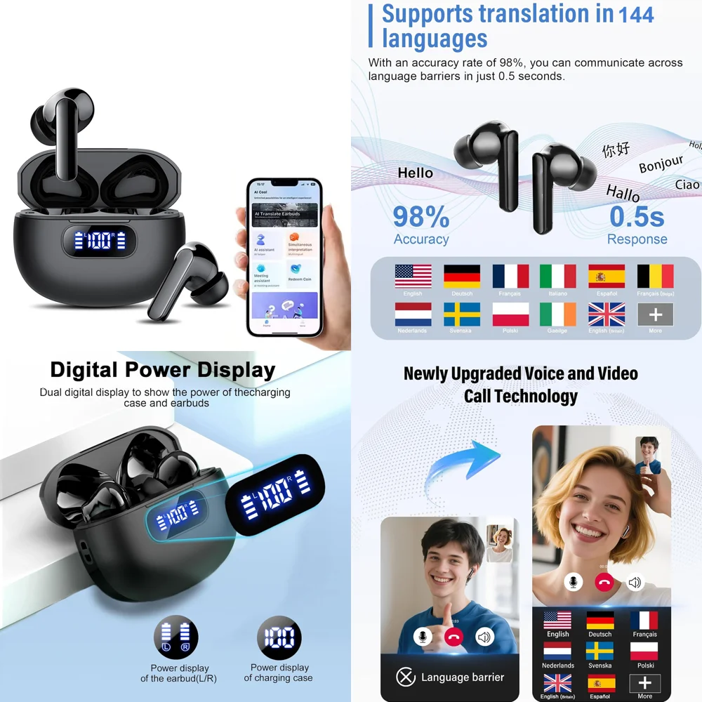 

Language Translation Earbuds Wireless Clear Calls BT 5.4 TWS Earphone with 144 Online AI Languages Real Time Headphone New
