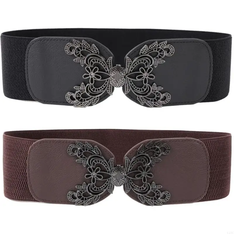 

L5YC Luxurious Wide Waist Belt Adjustable Elastic Girdle Feature Vintage Flower Charm