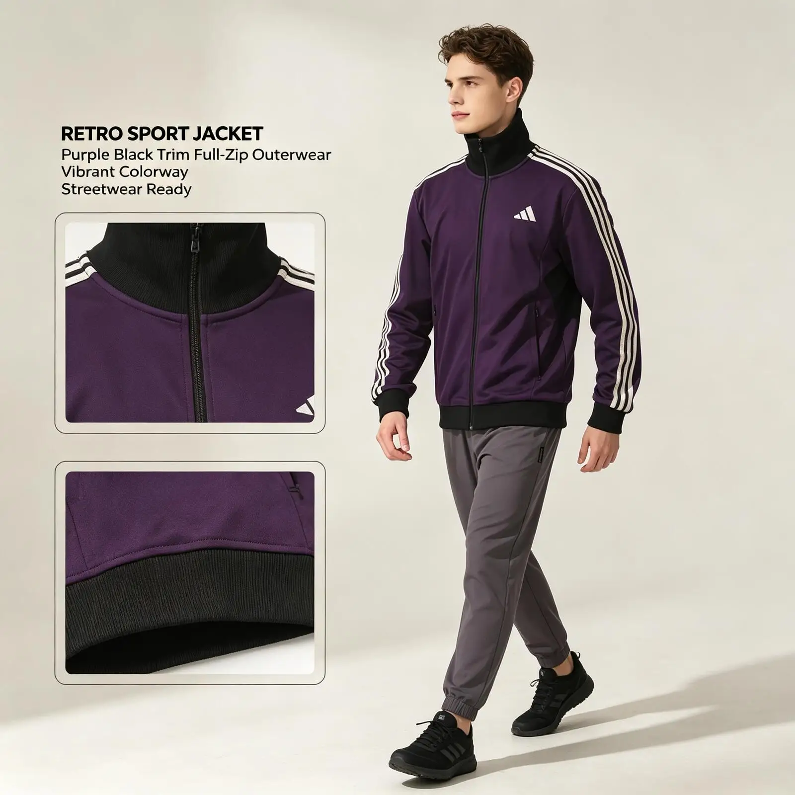 New Adidas Men Purple Black Collar Track Jacket Full-Zip White 3-Stripes Relaxed Fit Casual Sports Outerwear