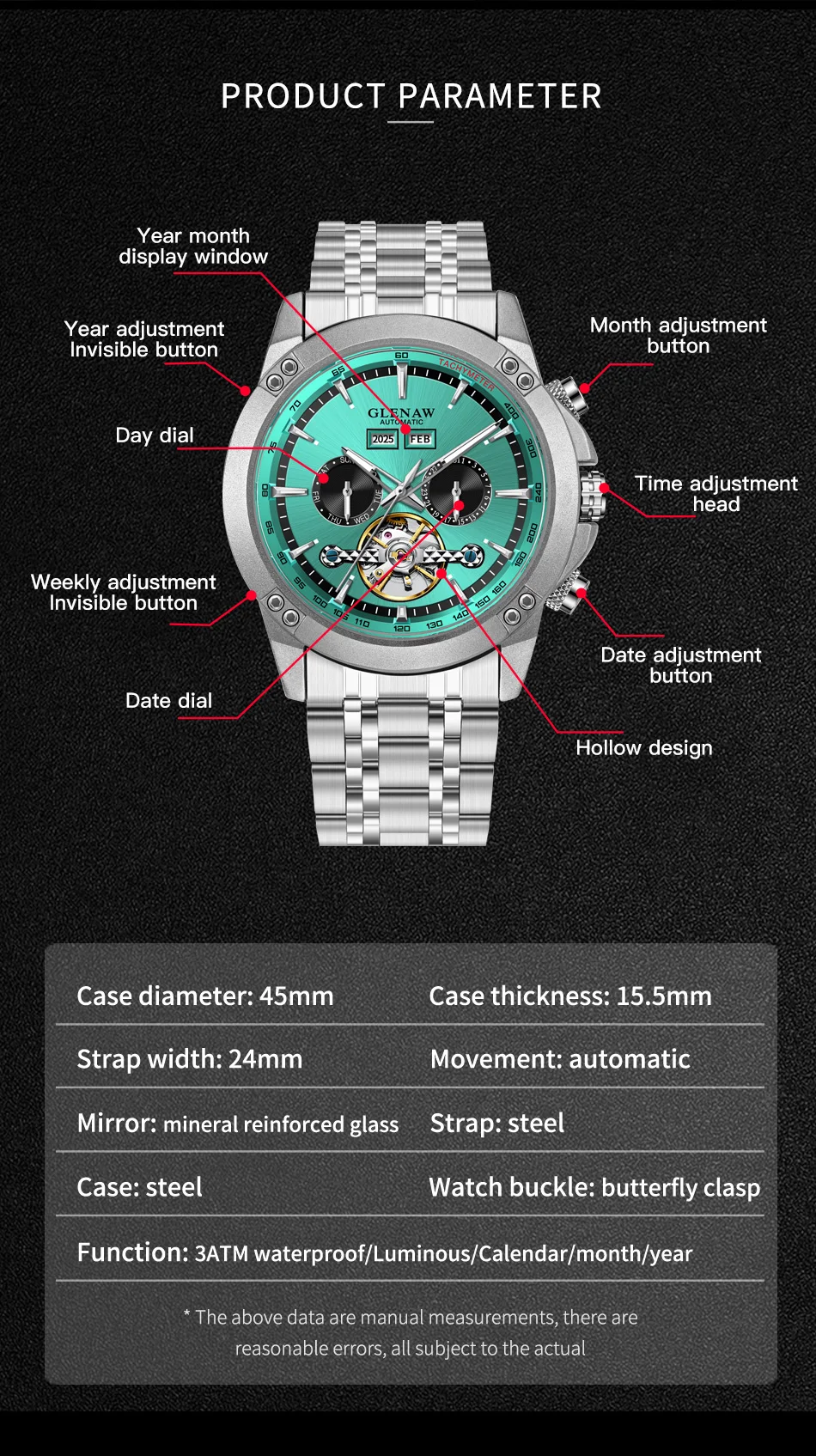 Reloj multifunción mecánico totalmente automático de marca de alta gama Glenaw, reloj resistente al agua con personalidad de negocios para hombres