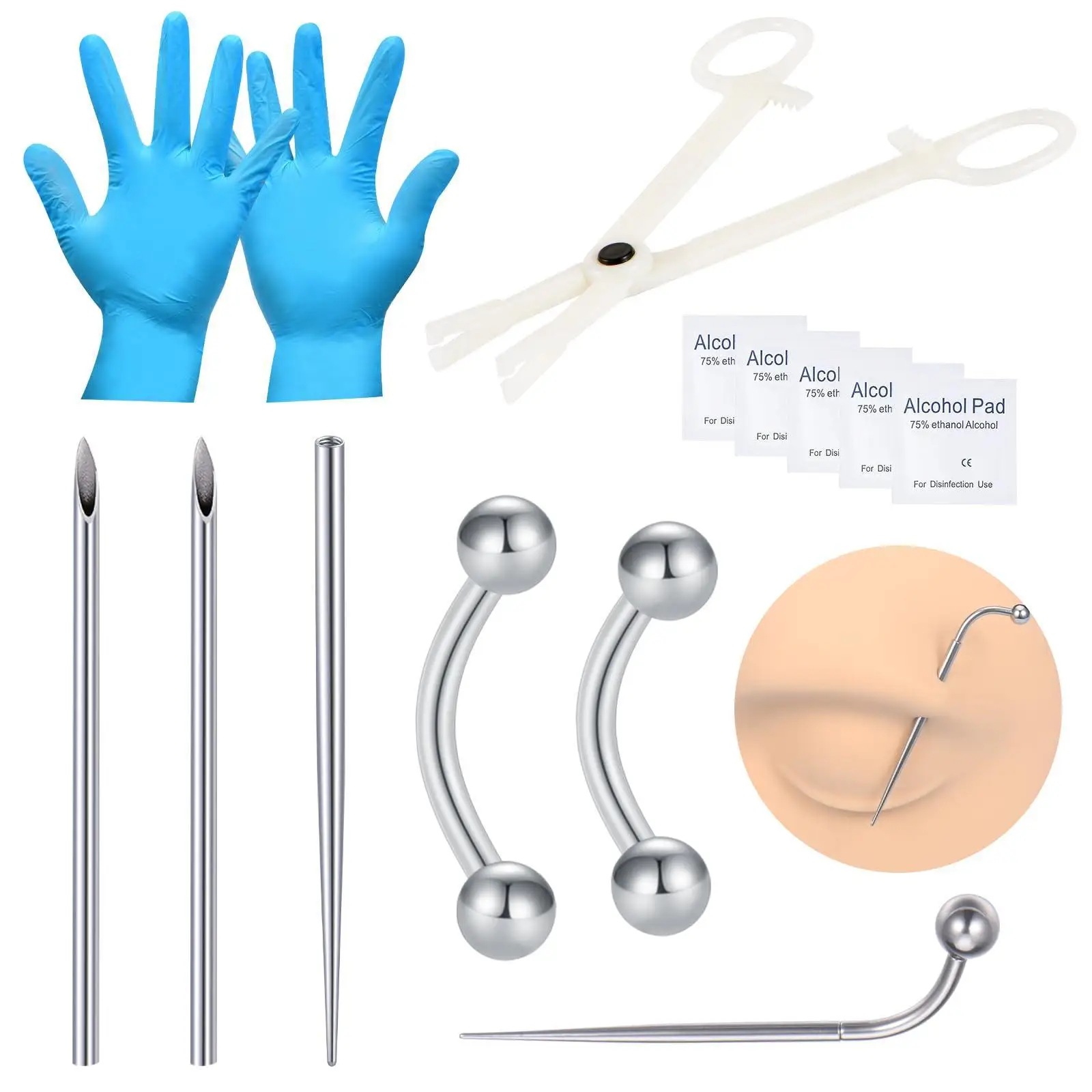 Piercing Kit With Disposable 12G 14G 16G 18G Needles Clamps Taper for Belly Button Nose Septum Nipple Tongue Eyebrow Lip