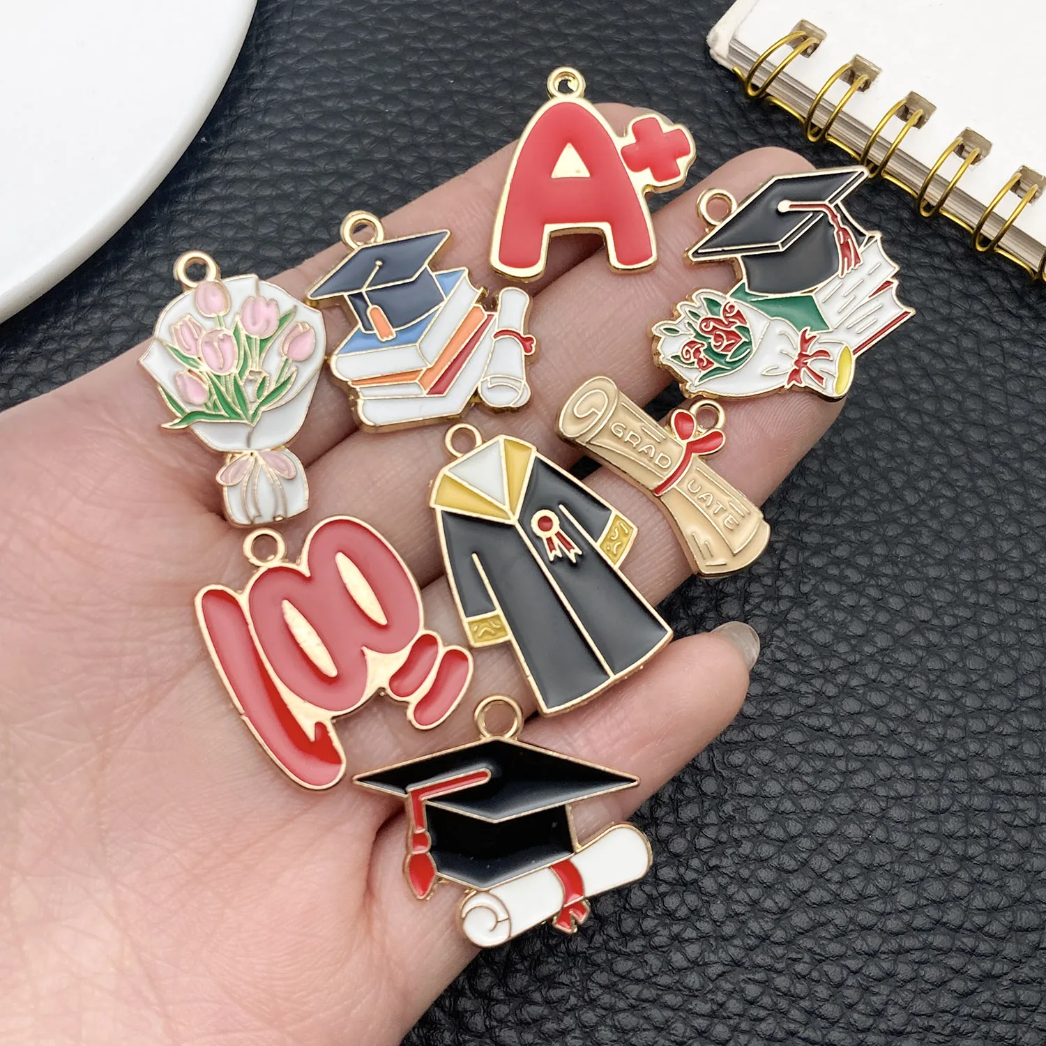  5/12Pcs Enamel Graduation Flower Hat Charms Pendant for Necklaces Earrings DIY Jewelry Making Decorations Accessories Findings