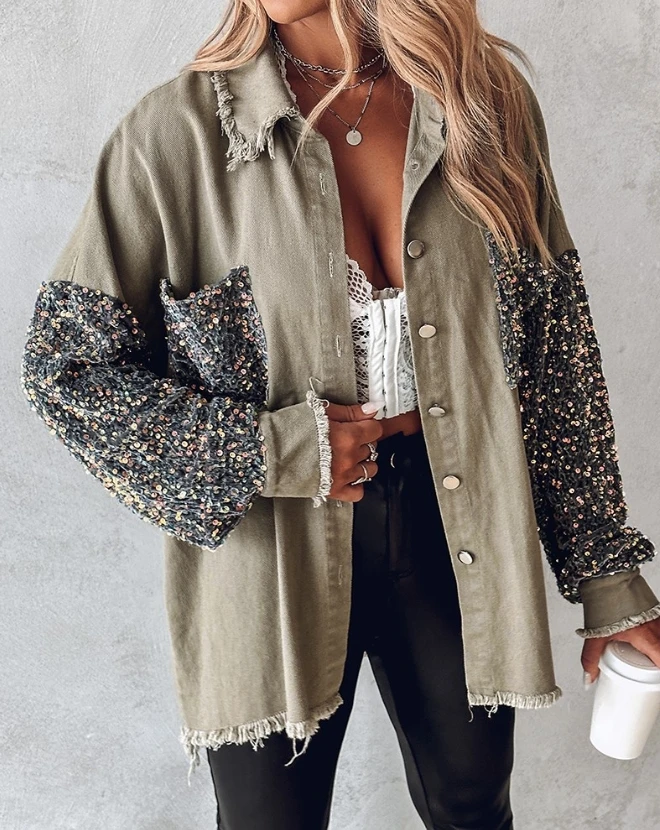 Youthful Woman Coat 2024 Spring/summer Latest Turn Down Collar Long Sleeve Contrast Sequin Raw Hem Shacket Colorblock Top Jacket