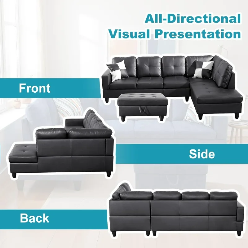 أريكة من الجلد الصناعي على شكل حرف L، أريكة مقطعية مكونة من 3 قطع مع مسند تخزين