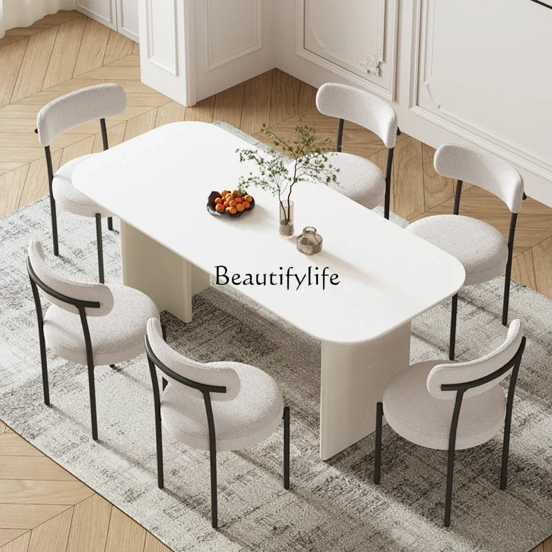 Tablero de roca de viento color crema francés, mesa de comedor ligera rectangular de lujo para el hogar, se puede personalizar, mesa de comedor de madera maciza