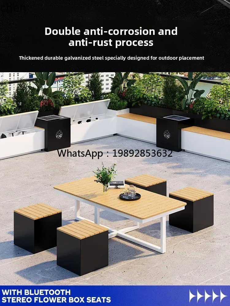Outdoor Stainless Steel Flower Box Seat Combination Solar Wireless Phone Charging Terrace Plastic Wood