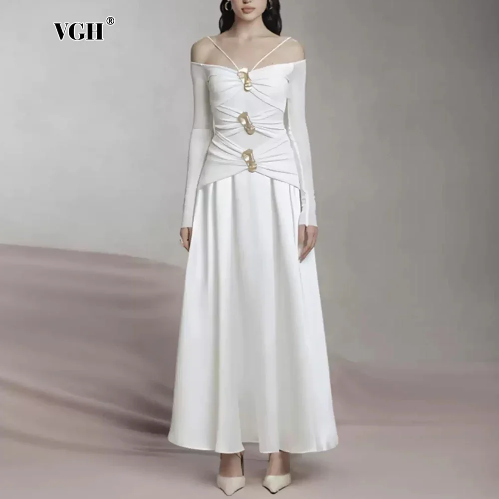 

VGH Elegant Patchwork Metal Long Dresses for Women Strapless Off The Shoulder Sleeve High Waist Sexy Slim Dress Female Fashion