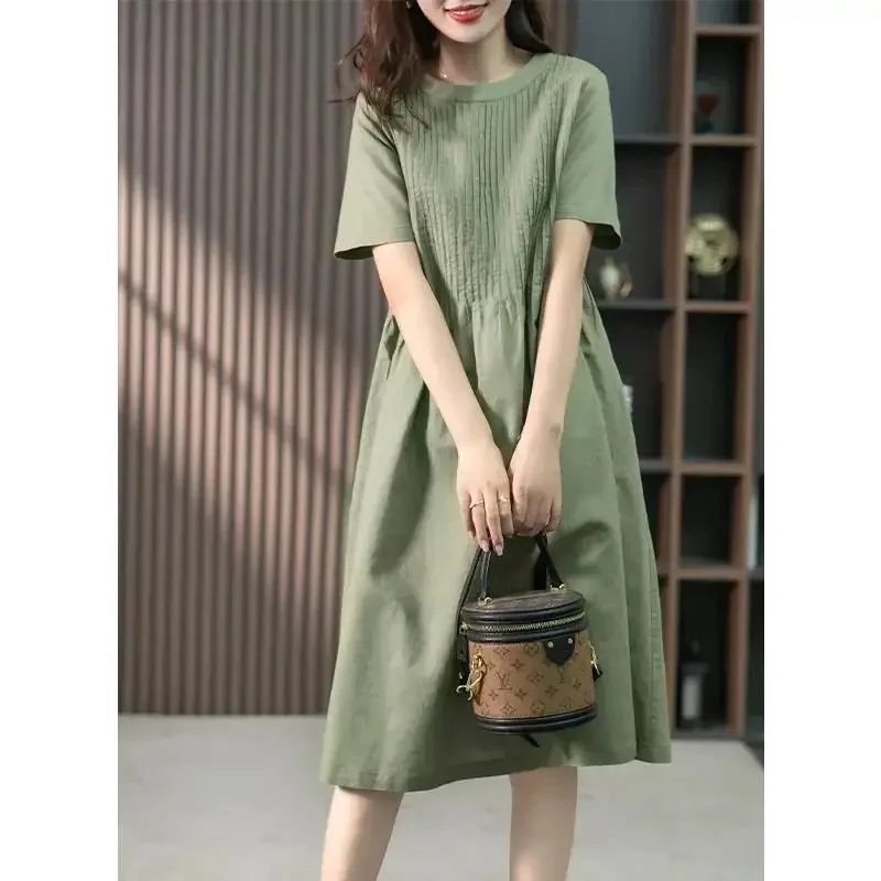 Cotton Linen Women's Midi Dress Loose Fit Slimming French Design Casual Skirt Spring Summer New Style Korean Version