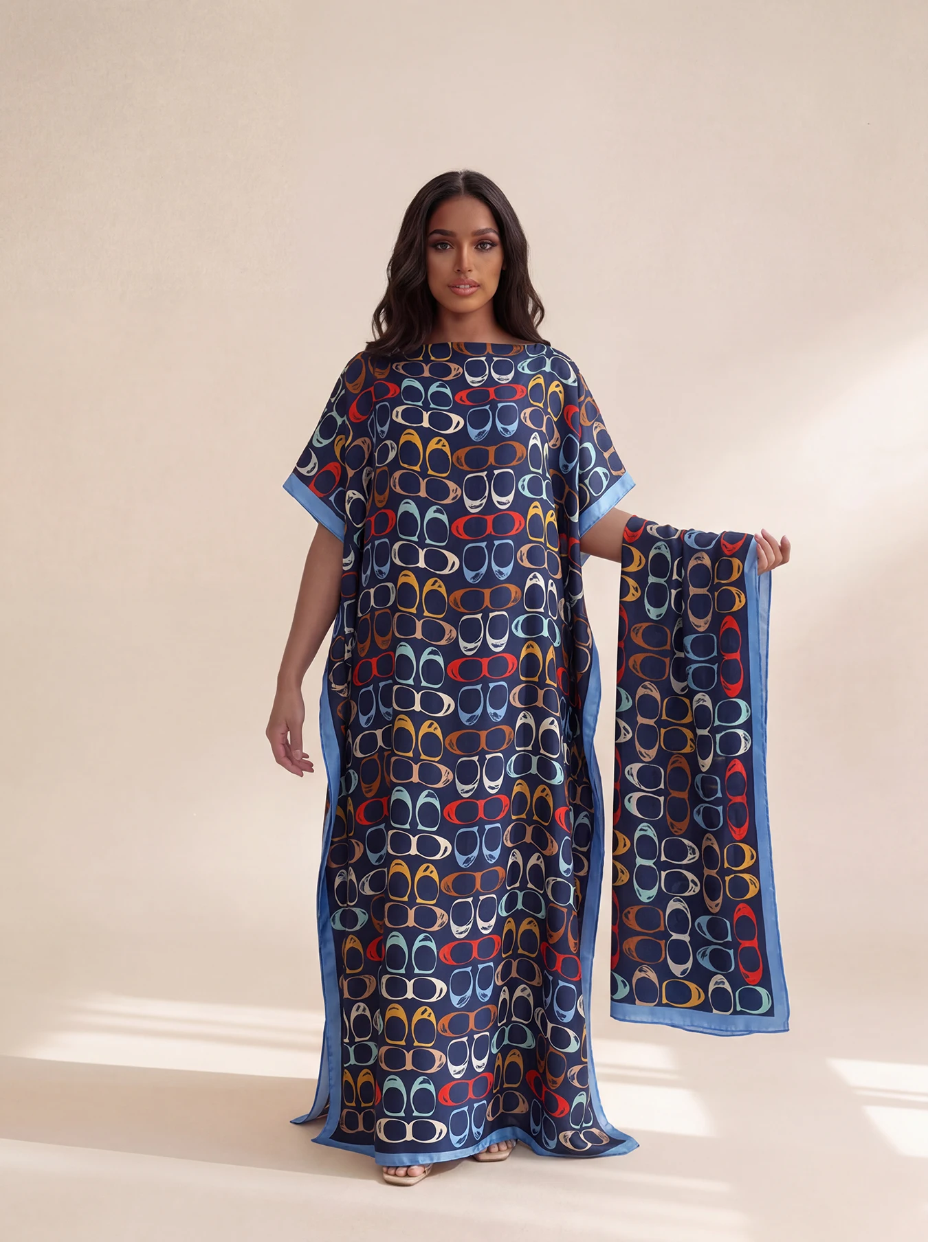 New Style Long Loose Silk Blend Beach Cover up Dress Middle East Pattern Printed Elegant Long Robe Dress for Women view 4