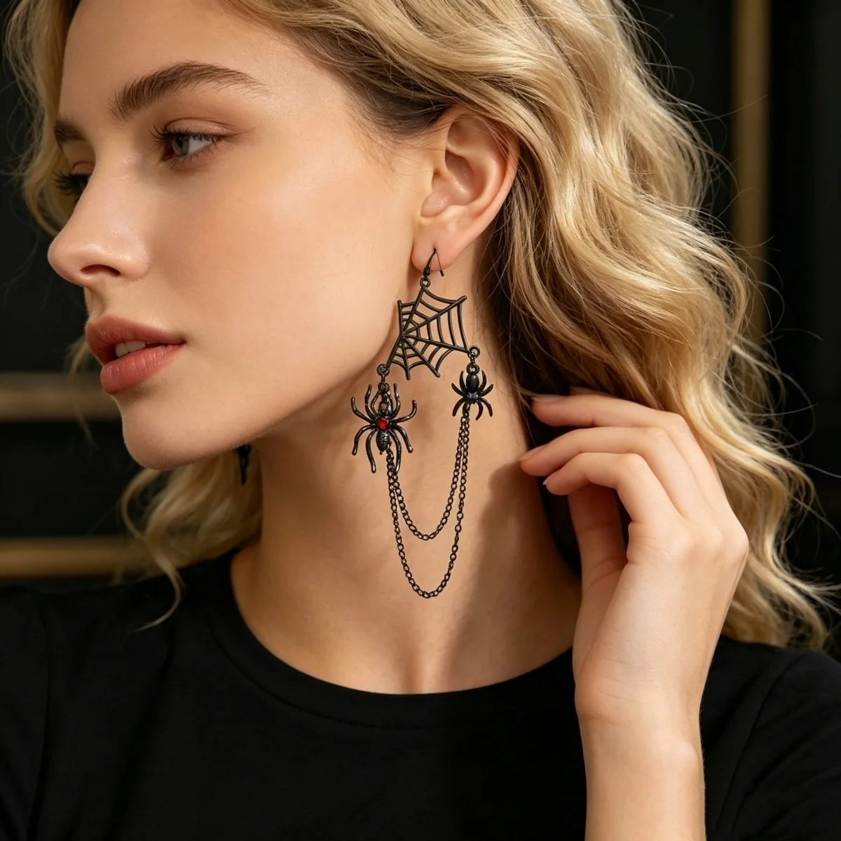 Dunkelschwarze Halloween-Spinnennetz-Ketten-Quasten-Ohrringe für Damen, Cosplay-Party, Insekten-Spinnennetz-Ohrringe, Gothic-Schmuck – Detail 7