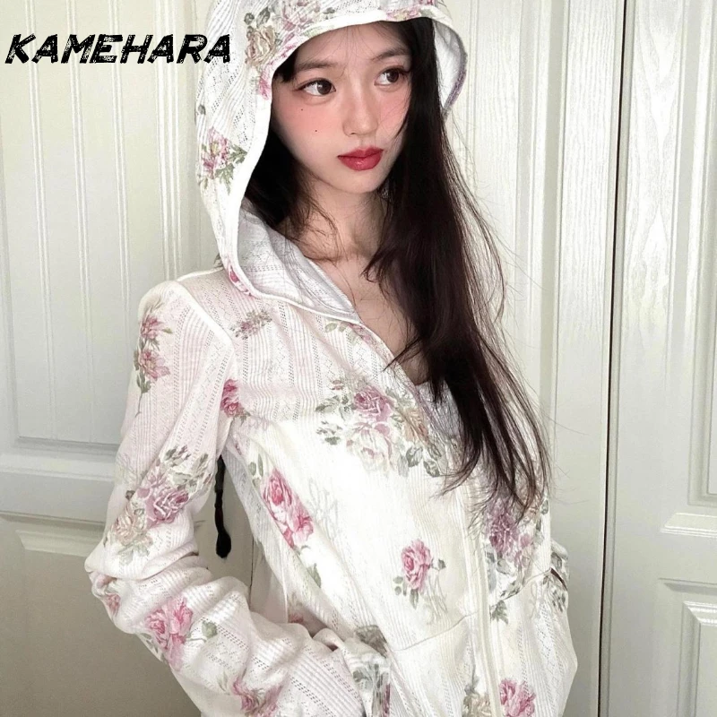 

KAMEHARA American Vintage Long Sleeves Women Print Zipper Tops Retro Y2k Punk Coat European Fashion Streetwear Spring Autumn Top