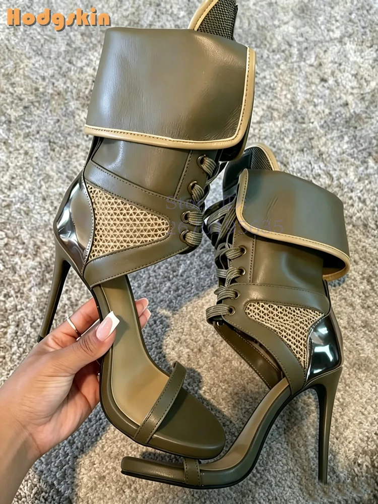 Retro Grüne Mid-kalb Sandalen Patchwork Offene spitze Mesh Kreuz-gebunden High Heels Mode Stiletto Römische Schuhe 2026 sommer Neue Frauen