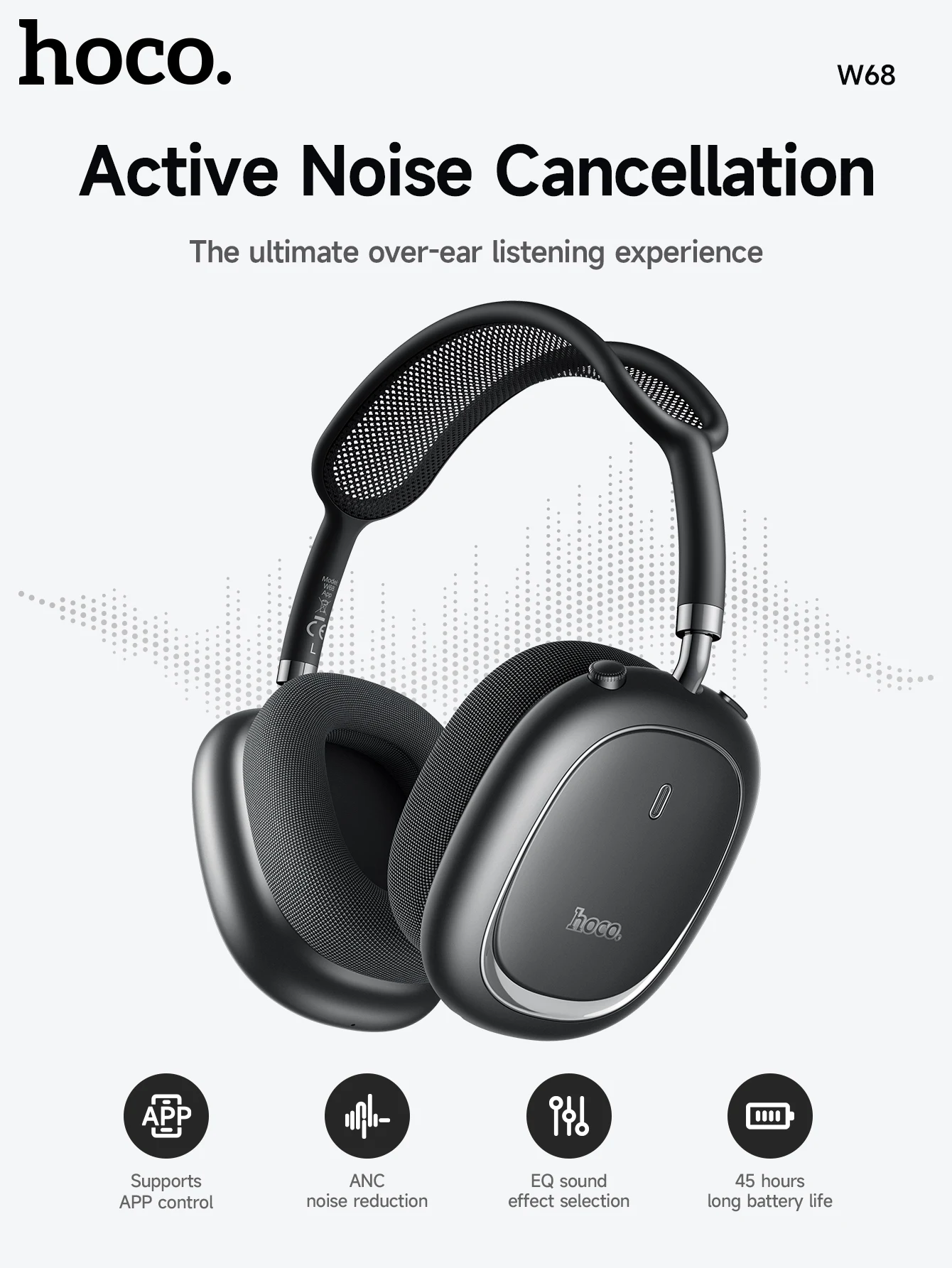 HOCO W68 ANC Geräuschunterdrückende Bluetooth 6.0 Kopfhörer Kabellose Headsets mit App-Steuerungsfunktion und Mikrofon für Telefonanrufe – Detail 1