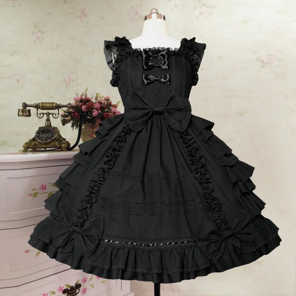 Fashion Lolita Vintage Cute Mid Dress Ruffle Spaghetti Strap Bow Pleated Swing Dress Women Kawaii Gothic Patchwork Maid Cosplay