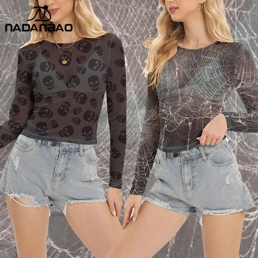 

Nadanbao Sexy Mesh Swimsuit Beach Party Long Sleeve Top Women Halloween 3D Printing Pattern Female Shirt Fashion Swimwear Tees