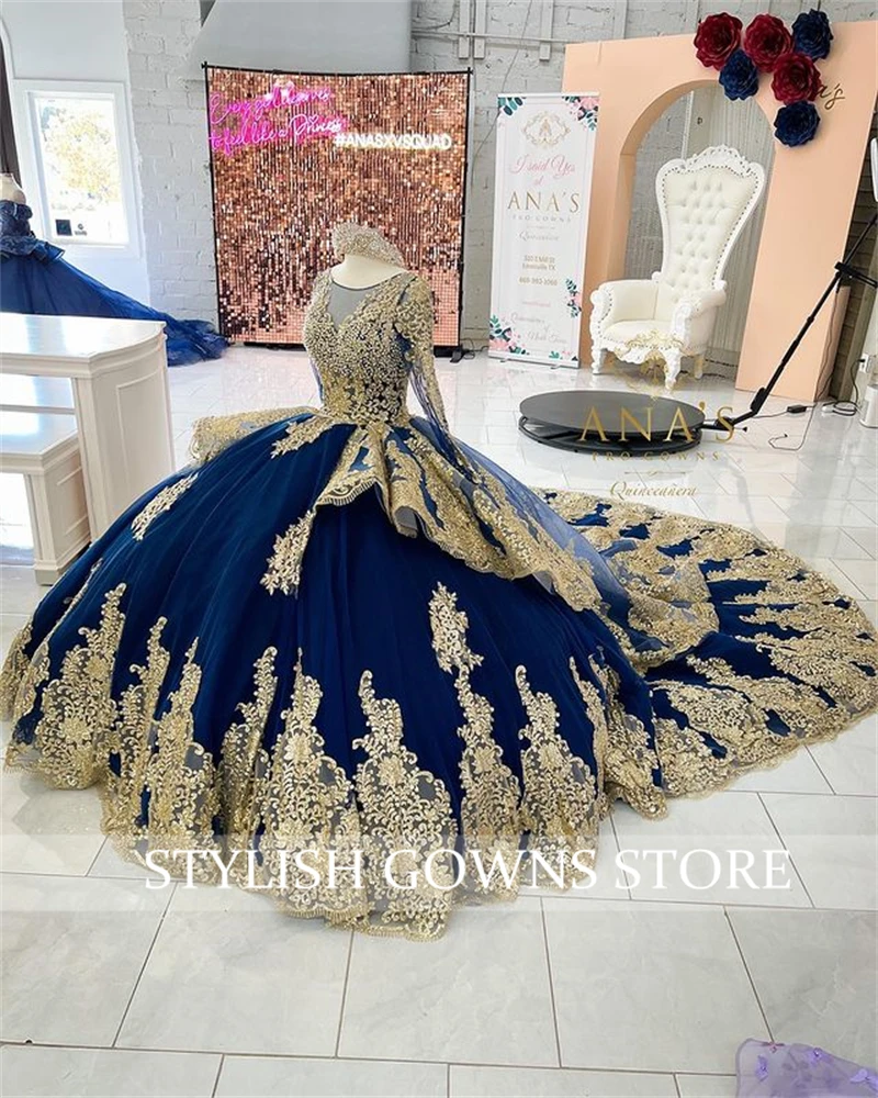 Princess Navy Blue Gold Lace Beaded Pearl Ball Gown Quinceanera Dresses Celebrity Party Prom Gowns Graduation Vestido Customized