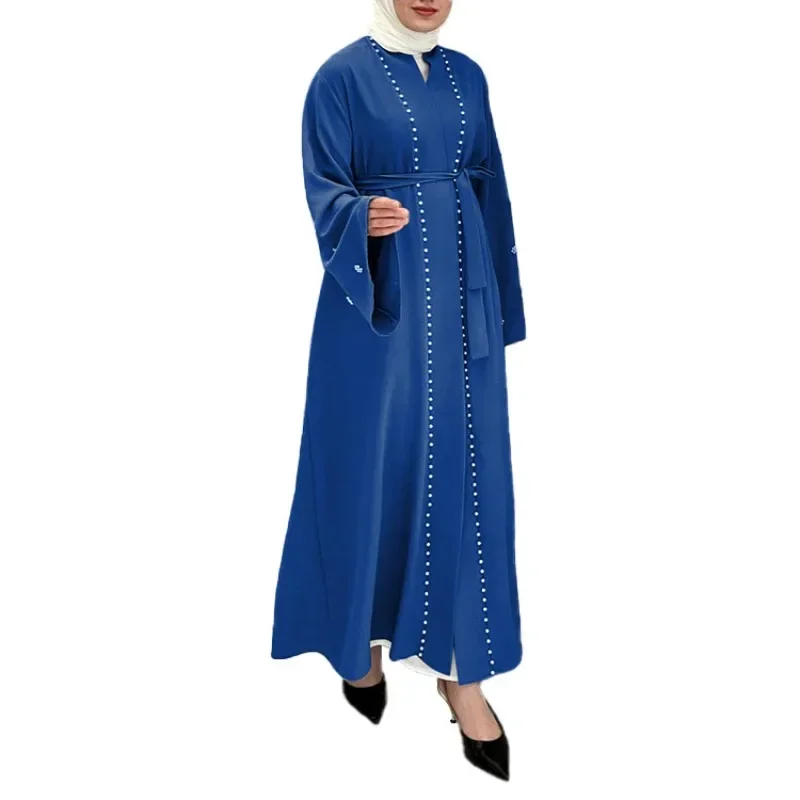 Women Muslim Dress  Arab Open Abaya Flared Sleeve Islamic Clothing Cardigan Inlaid Pearl Stitching Caftan  Robe