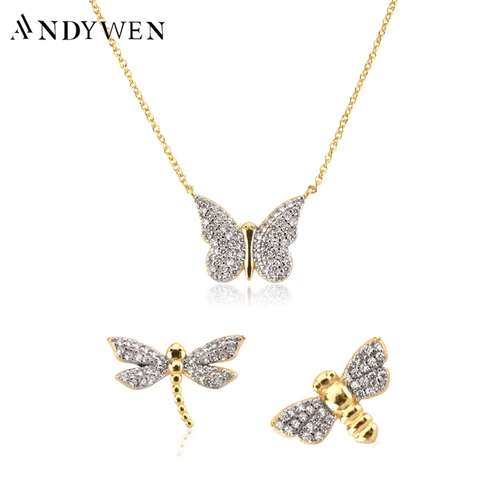 

ANDYWEN 925 Sterling Silver Split Plating Dragonfly Bee Butterfly Chain Pendant Charm Necklace Choker Fine Jewelrt 2022 Crystal